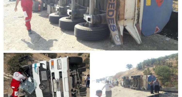 واژگونی یک دستگاه تانکر حامل سوخت نفت سیاه در محور کرمانشاه به اسلام آبادغرب+تصاویر