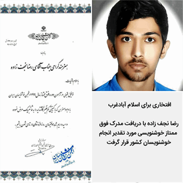 تقدیر انجمن خوشنویسان کشور از رضا نجف زاده جوان اسلام آبادی تقدیر انجمن خوشنویسان کشور از رضا نجف زاده جوان اسلام آبادی